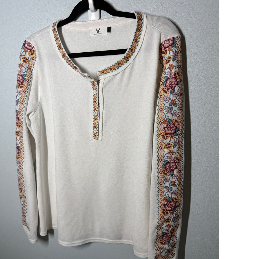 Homebody‎ Womens Embroidered Henley Top Long Sleeve Cream Floral Boho Knit Large